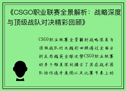 《CSGO职业联赛全景解析：战略深度与顶级战队对决精彩回顾》