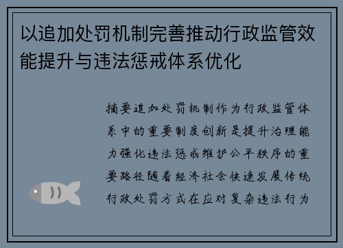 以追加处罚机制完善推动行政监管效能提升与违法惩戒体系优化