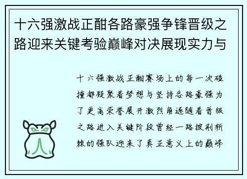 十六强激战正酣各路豪强争锋晋级之路迎来关键考验巅峰对决展现实力与荣耀